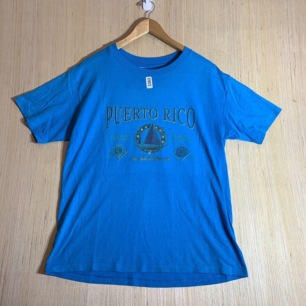 Vintage Puerto Rico Shirt Adult large Blue Short Sleeve Men's Graphic Print 90's